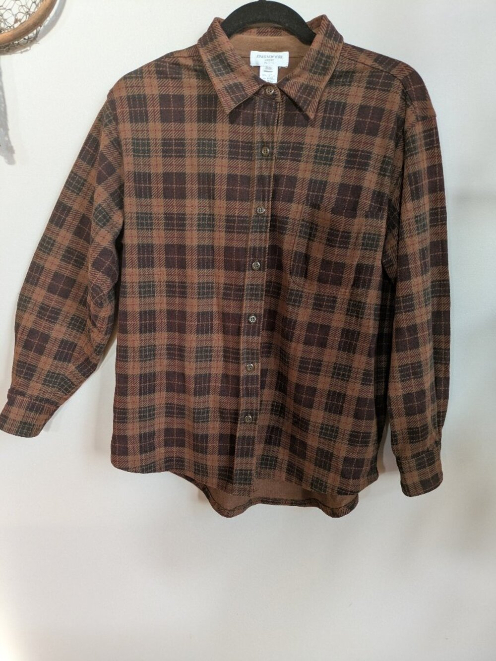 Vintage jones new york sport petite sz p/s brown button up plaid top cotton #718